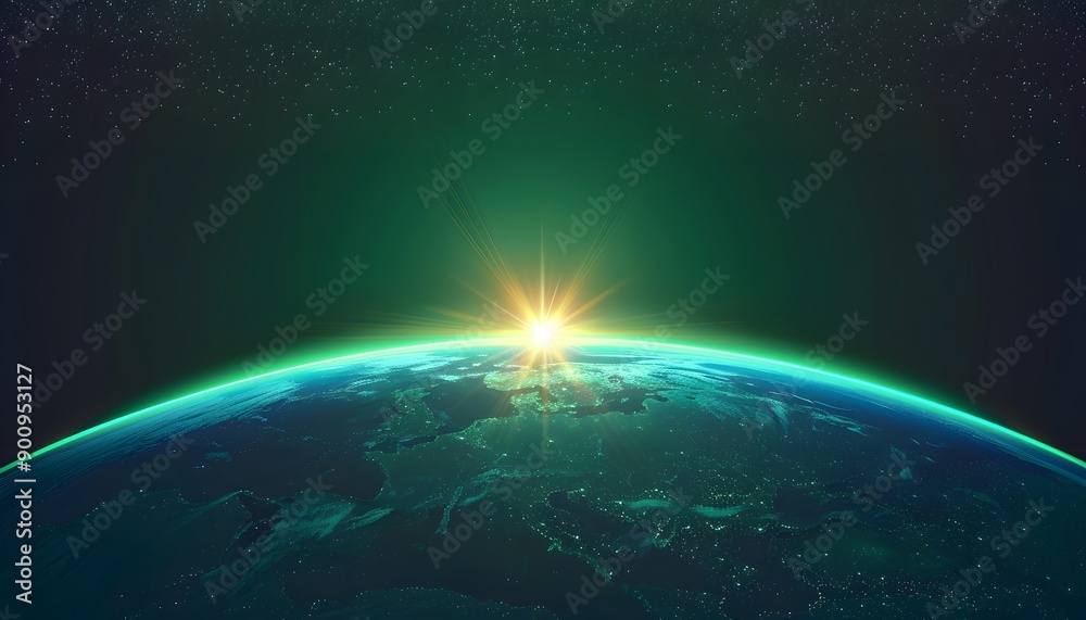 Fototapeta premium Space scene. Green nebula with planet