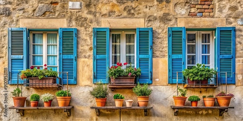 Vintage Italian house with blue window shutters and plant pots , Vintage, traditional, Italian, house, wall photo