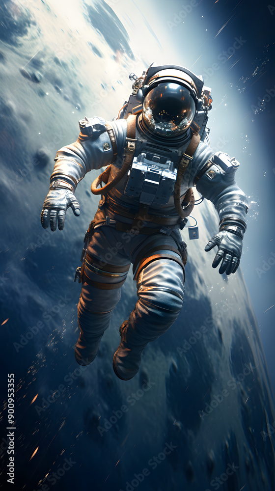 Fototapeta premium An astronaut floats in space, with a planet in the background. The astronaut is wearing a white spacesuit and a helmet.