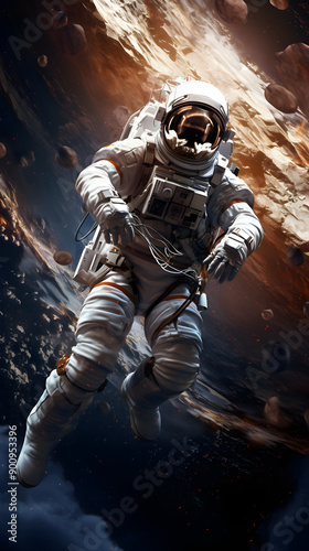 An astronaut floats in space, seemingly weightless, with a distant planet visible in the background. 