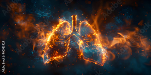 Fiery Abstract: Vibrant Lung with Orange and Blue Flames | Luminous Lungs: Colorful Abstract Art with Dynamic Flames
