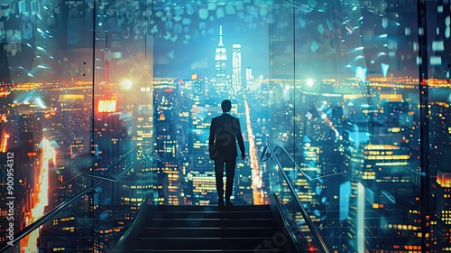 Double exposure of businessman on stairs and New York night skyline, symbolizing business goals and success