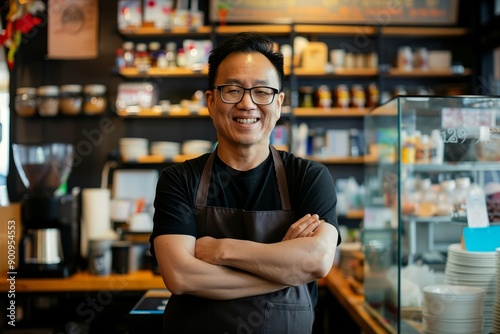 Portrait of an Asian FnB business owner behind the counter, Generative AI