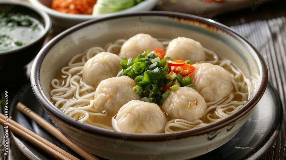 Asian Comfort Food Delight - Fish Balls in Noodle Broth Bowl Asian Comfort Food Delight - Fish Balls in Noodle Broth Bowl