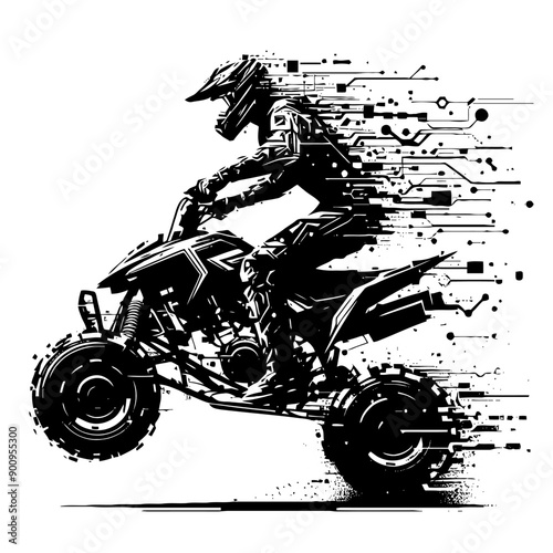 atv sport male player with cyberpunk, glitch pattern illustration, emblem shield badge