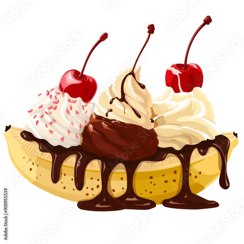 Delicious banana split with chocolate sauce, whipped cream, and cherries. photo