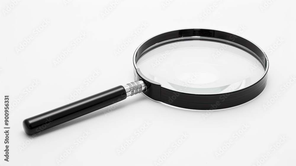 Single black-handled magnifying glass, close-up, representing analysis and information search concepts Single black-handled magnifying glass, close-up, representing analysis and information search concepts
