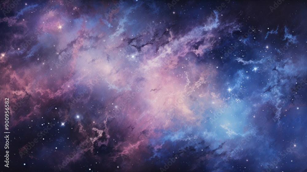 Obraz premium A captivating depiction of distant galaxies and star clusters set against the deep blackness of space. The image reveals a spectrum of colors from bright blues and pinks to soft purples, 