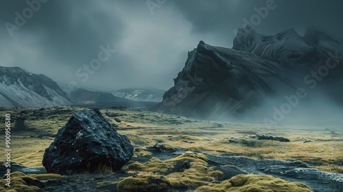 Stormy Icelandic landscape with windbag and dark mountains, concept of creative business ideas and challenges