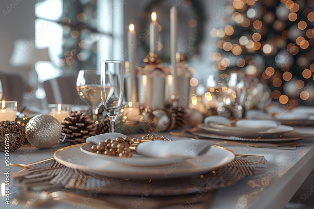 Elegant holiday dinner table setting with candles and festive decorations, perfect for Christmas celebrations. Elegant holiday dinner table setting with candles and festive decorations, perfect for Christmas celebrations.
