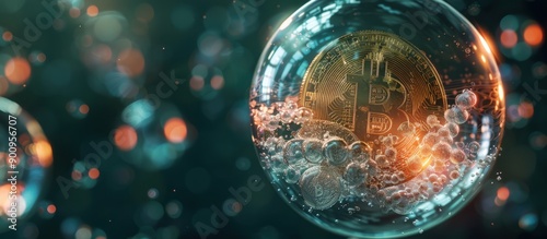 Digital Cryptocurrency Bitcoin in a Bubble with Bokeh Background Representing Market Volatility and Financial Concepts photo