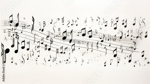 A collection of hand-drawn musical notes and symbols arranged artistically on a pristine white background, showcasing different note types such as whole notes, half notes,  photo