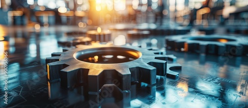 Industrial Gears on Reflective Surface with Sunlight in Background - Close-Up of Mechanical Components in Modern Factory Setting