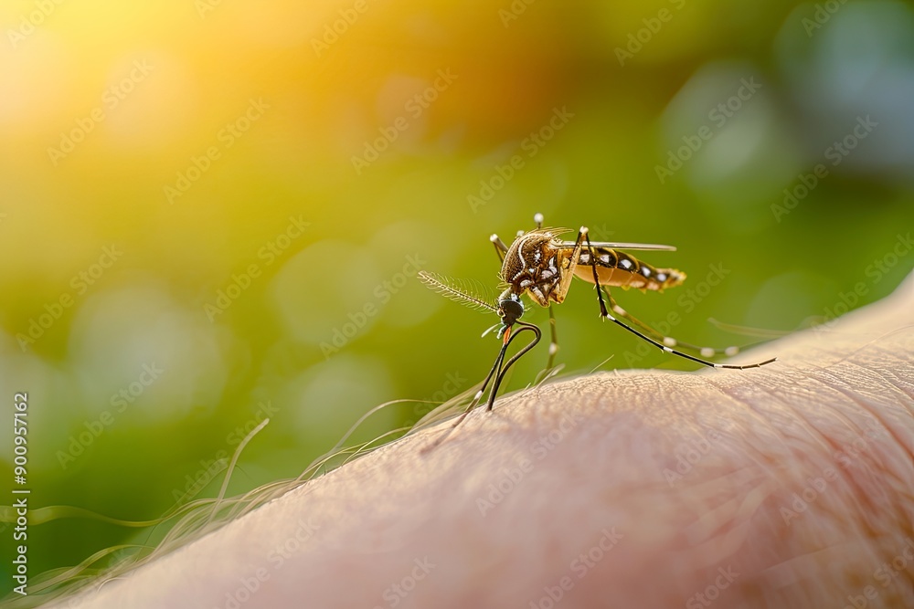 Closeup of a mosquito biting human skin. Closeup of a mosquito biting human skin.