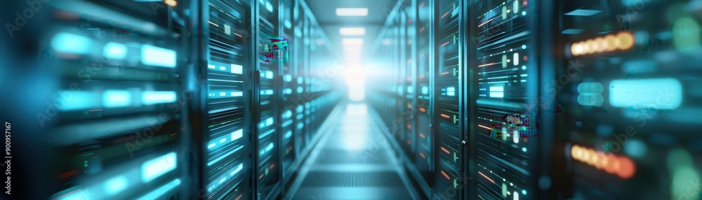 A brightly lit, modern data center hallway with rows of servers and network equipment. Advanced technology infrastructure and digital storage. A brightly lit, modern data center hallway with rows of servers and network equipment. Advanced technology infrastructure and digital storage.