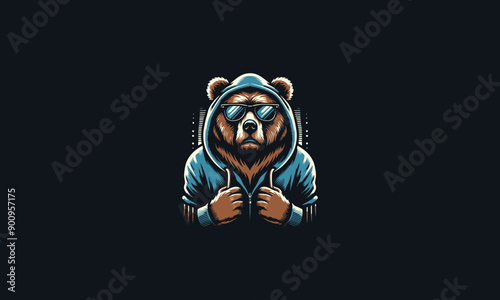 head grizzly wearing hoodie and sunglass vector mascot design