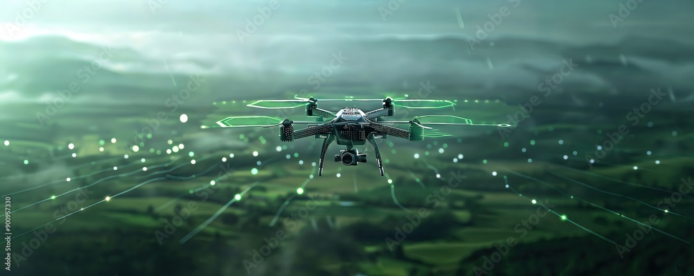 Naklejka premium A drone flying over lush green fields, surrounded by digital data points and futuristic technology integrations in a misty morning setting.