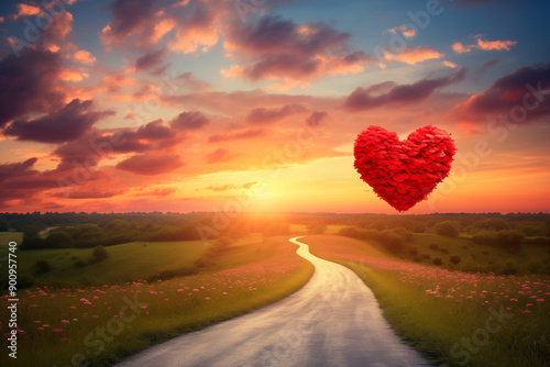 Red heart shaped sky at sunset. Beautiful landscape with road and clouds.Love background with copy space. Road to love 