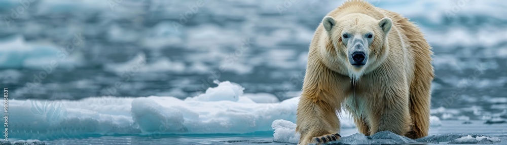 Fototapeta premium Majestic Polar Bear Standing on Ice Floe in Arctic Waters with Snowy Background