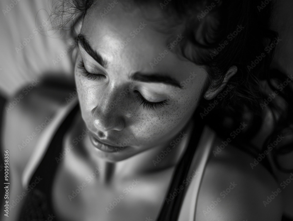 Naklejka premium A black and white photo of a woman with her eyes closed, suitable for use in meditation or spirituality contexts