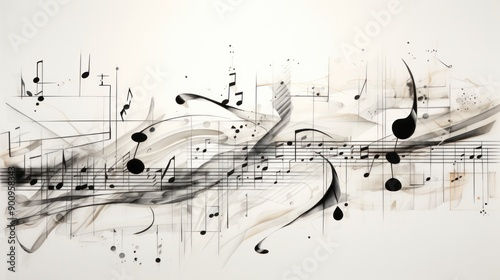 A collection of hand-drawn musical notes and symbols arranged artistically on a pristine white background, showcasing different note types such as whole notes,  photo