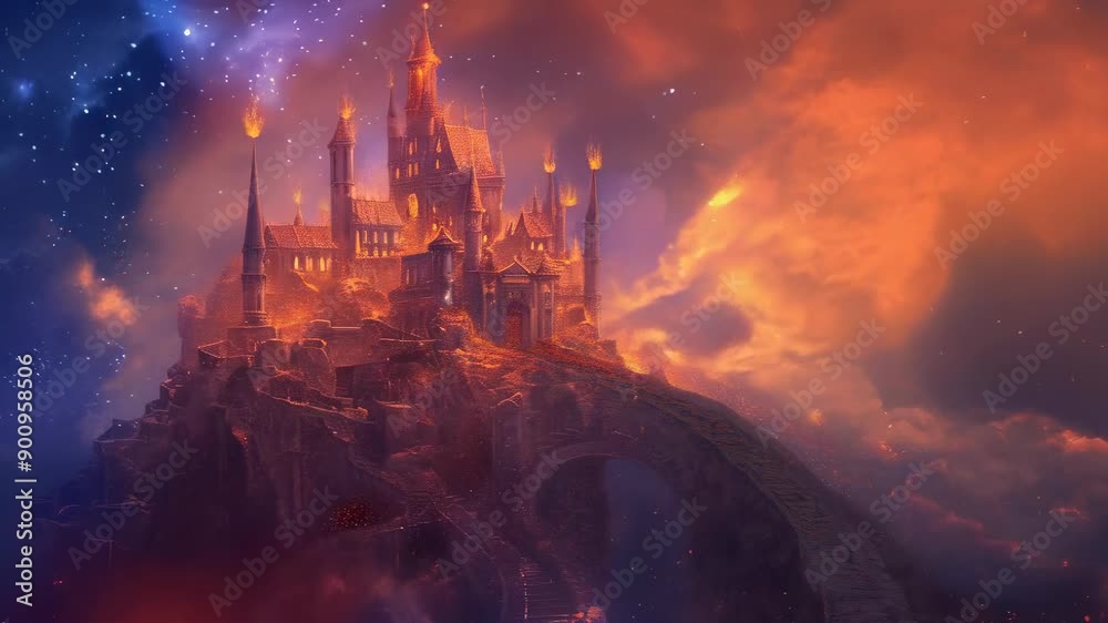 A majestic castle with gothic spires stands atop a fiery cliff under a ...