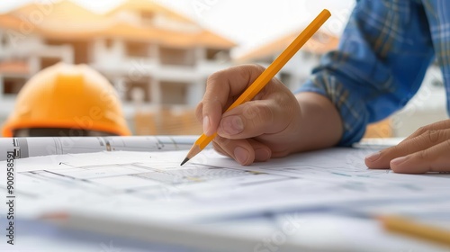 Close-up of an architect drawing building plans on a construction site, with safety helmet in the background.