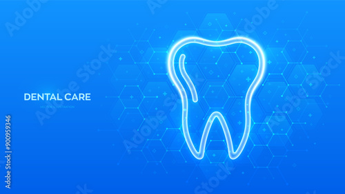 Tooth icon. Dental care, taking care of teeth. Dental servises. Dentistry, Orthodontic concept. Dental insurance. Molecular structure. Blue medical background with hexagons. Vector illustration.
