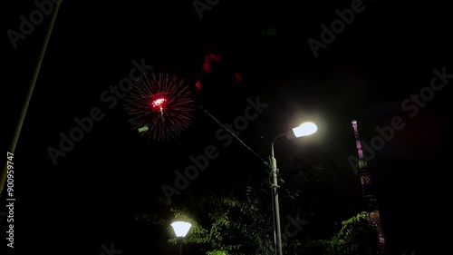 Sumidagawa Fireworks Festival 2024 in Tokyo - Fireworks burst over city street lights at night, with a dark sky backdrop photo