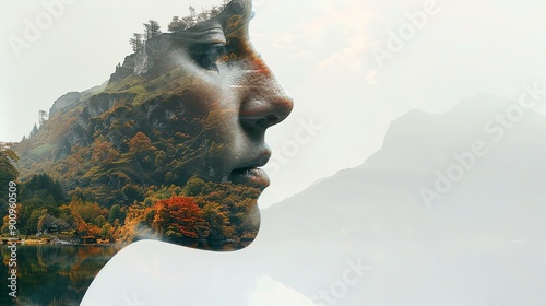 A woman's face is shown in a painting of a forest