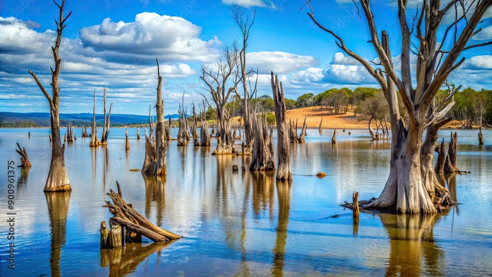 Fototapeta premium Dead tree trunks emerging from water in Australian landscape, Australia, scenic, nature, landscape, dead trees, water