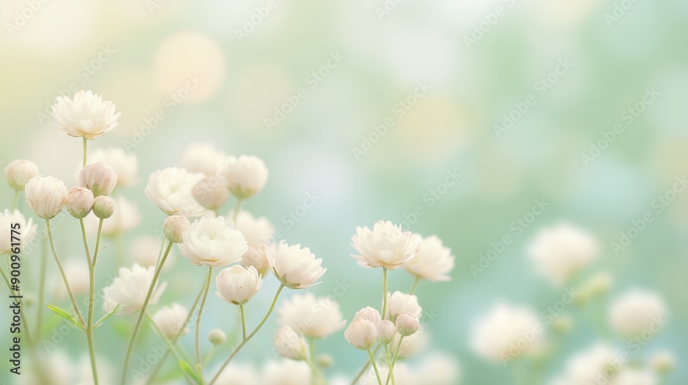 Blossoming buds, delicate flora, selective focus, serene nature, ethereal, double exposure, meadow backdrop Blossoming buds, delicate flora, selective focus, serene nature, ethereal, double exposure, meadow backdrop