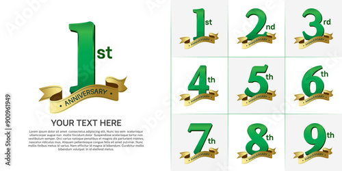 anniversary logotype set vector, green color and gold ribbon for special day celebration