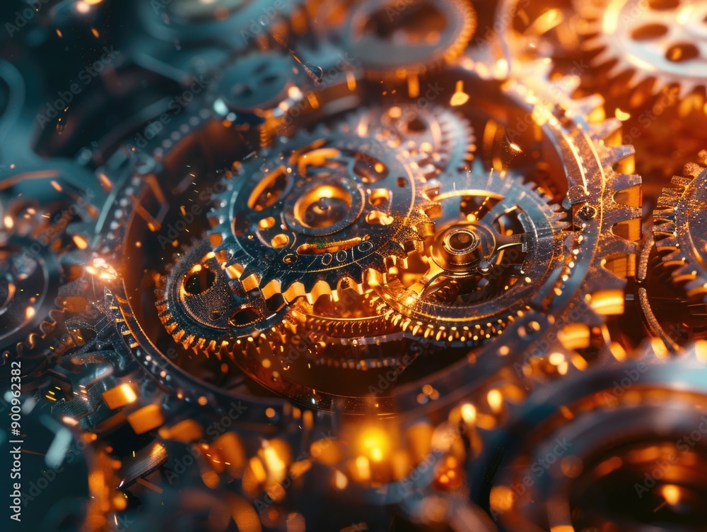 A detailed view of a clock's inner workings, highlighting its intricate gear system A detailed view of a clock's inner workings, highlighting its intricate gear system