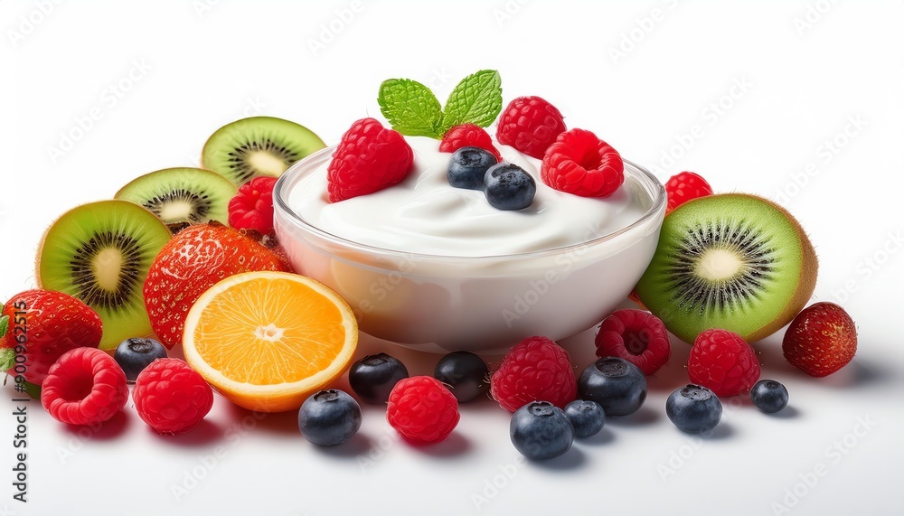 Fresh yogurt bowl with assorted fruits such as raspberries, blueberries, and kiwi, surrounded by more fresh fruits on a white background. Fresh yogurt bowl with assorted fruits such as raspberries, blueberries, and kiwi, surrounded by more fresh fruits on a white background.