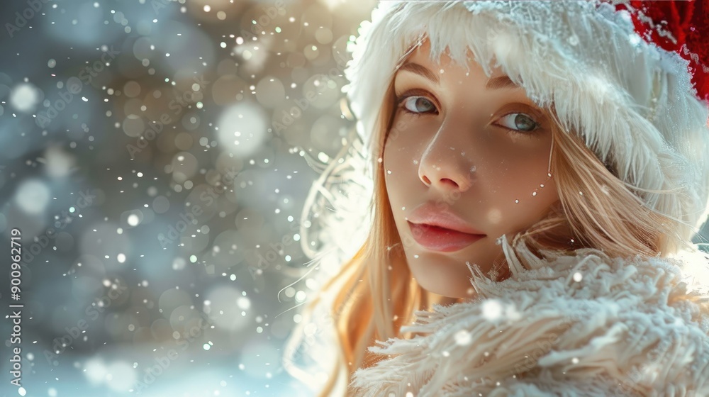 Festive Portrait of Young Woman in Snow Wearing Santa Hat and Cozy Winter Clothes