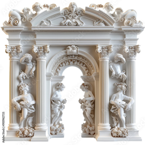 Baroque Arch, Ornate white archway with statues, Decorative architecture on a transparent background.