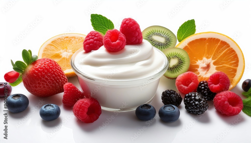 A delicious bowl of yogurt topped with fresh raspberries, blackberries, blueberries, kiwifruit, and orange slices, garnished with mint leaves. A delicious bowl of yogurt topped with fresh raspberries, blackberries, blueberries, kiwifruit, and orange slices, garnished with mint leaves.