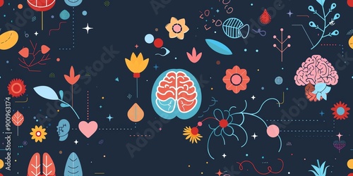 Brain wellness and health, stylized brain elements, flat design illustration