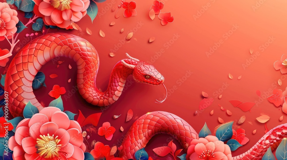 Red Snake Among Blossoms and Leaves with Gradient Background Red Snake Among Blossoms and Leaves with Gradient Background