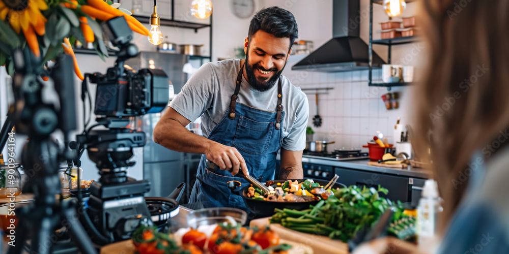 Obraz premium A smiling cooking show host is preparing a meal in a modern kitchen with a camera recording the action.