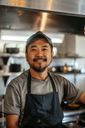 Portrait of an Asian FnB business owner in the kitchen, Generative AI photo