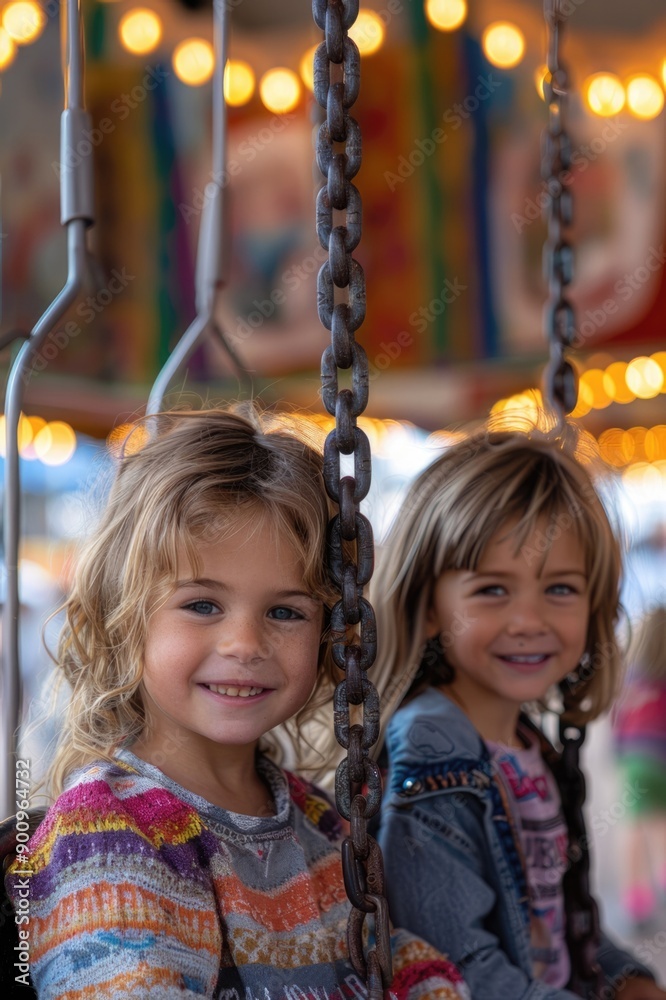 Two young girls are sitting on a swing, smiling and looking at the camera Two young girls are sitting on a swing, smiling and looking at the camera