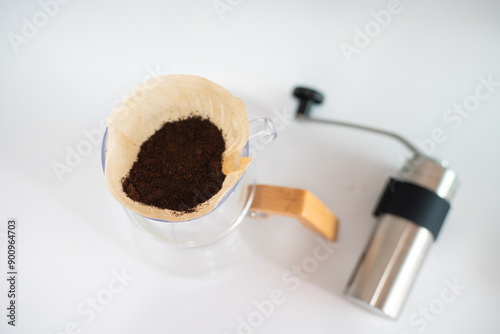 Coffee drip equipment with coffee bean on white background