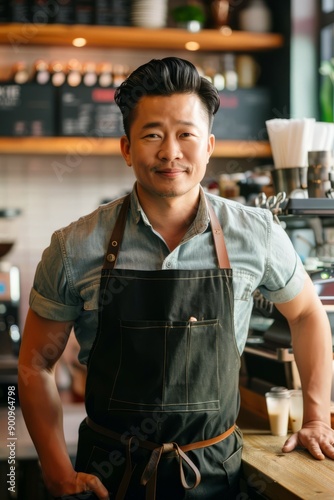 Portrait of an Asian FnB business owner serving customers, Generative AI photo