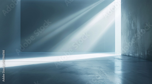 Minimalist Room with Sun Rays and Gradient from Blue to Grey
