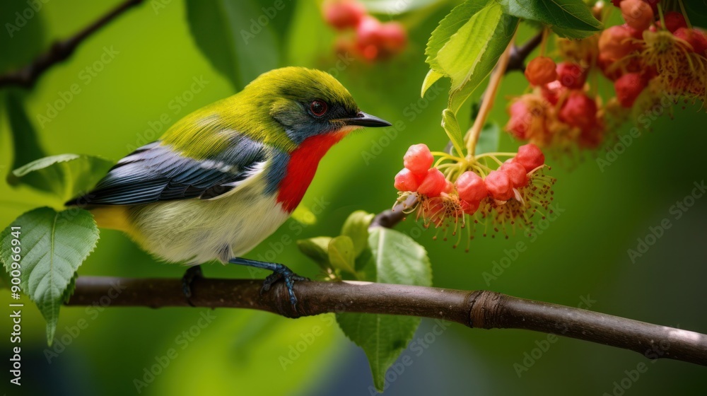 A Cebu Flowerpecker in mid-flight approaching a cluster of vivid flowers, captured in sharp detail with a blurred natural environment in the background