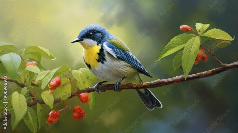 Obraz premium A Cebu Flowerpecker in mid-flight approaching a cluster of vivid flowers, captured in sharp detail with a blurred natural environment in the background