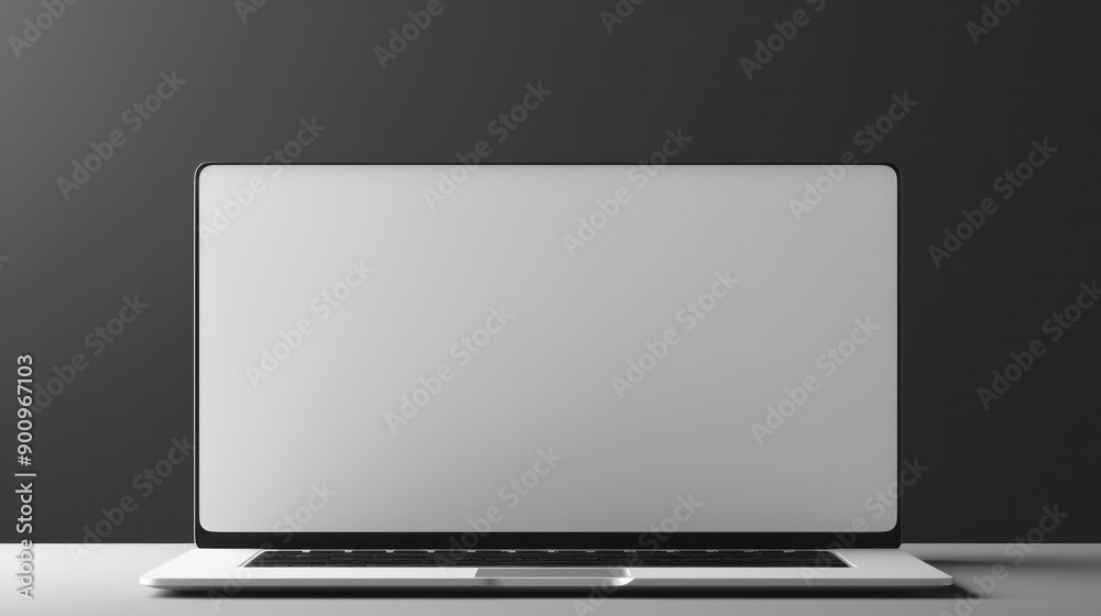 A contemporary laptop with a blank white screen sits on a white tabletop, surrounded by a clean, white environment. The focus is on the empty screen, A contemporary laptop with a blank white screen sits on a white tabletop, surrounded by a clean, white environment. The focus is on the empty screen,