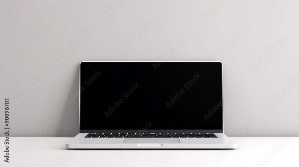 Fototapeta premium A contemporary laptop with a blank white screen sits on a white tabletop, surrounded by a clean, white environment. The focus is on the empty screen, 